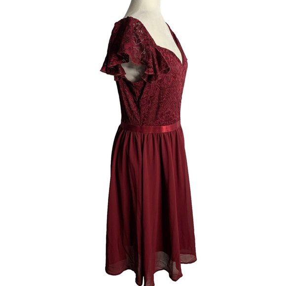MissMay Retro Lace Chiffon Swing Dress L Wine Red Flutter Sleeve Lined Zip NEW - Picture 7 of 8